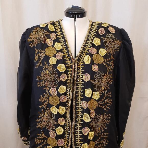 Indian Inspired Black Rayon 2-PC Set Foral Embroidered Jacket & Skirt SZ 20 - Picture 4 of 16